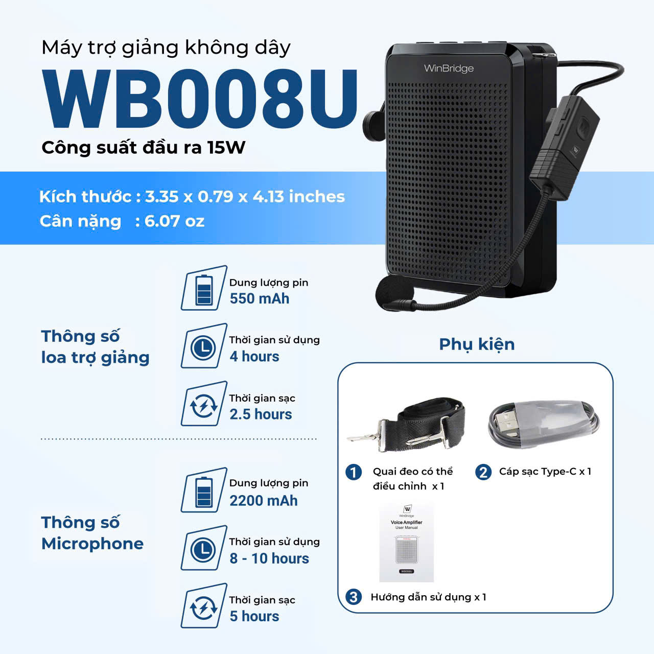 Máy trợ giảng WB008U Micro đeo đầu không dây 15W